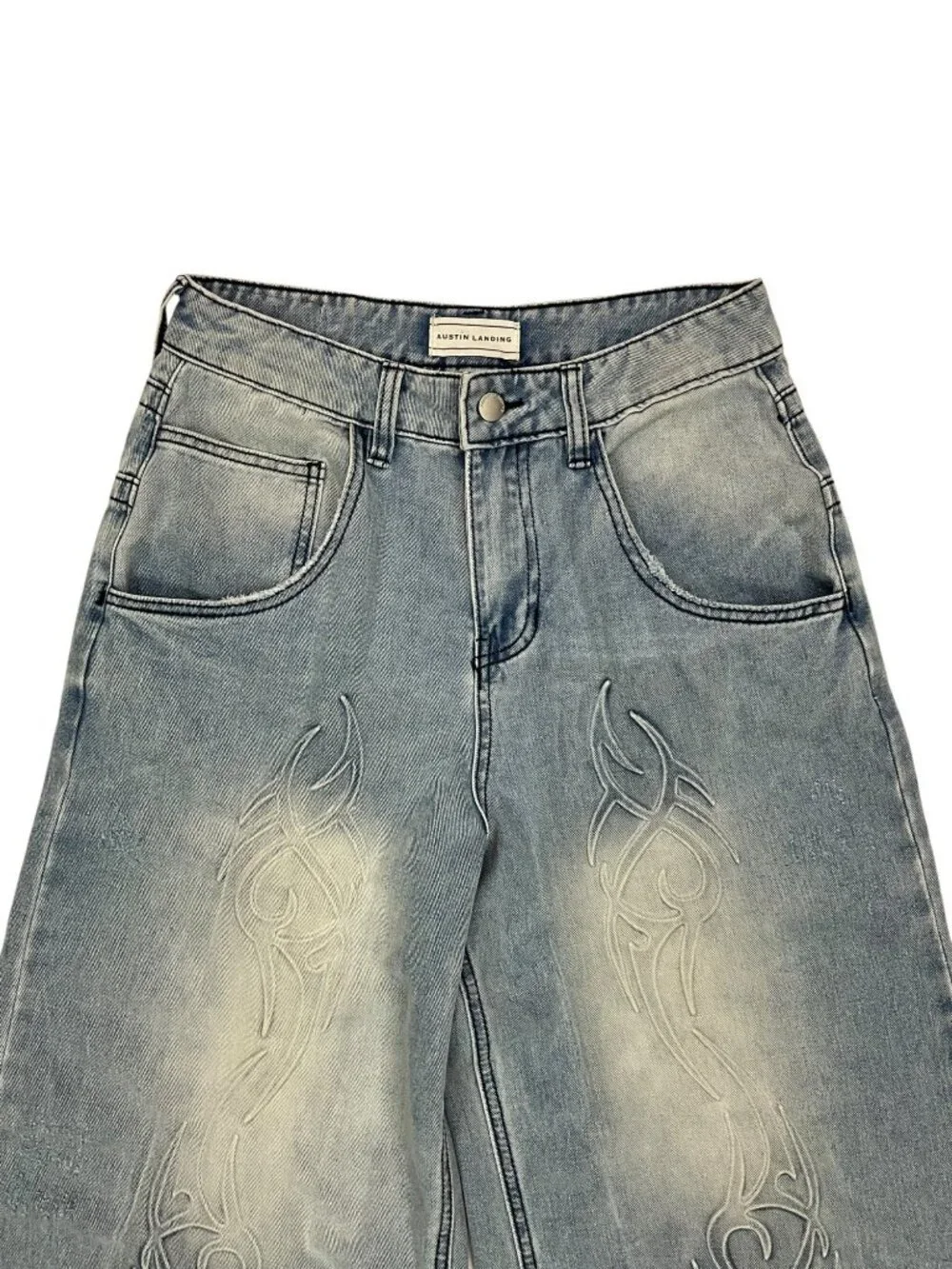 Austin Landing Queen Jorts Denim Shorts 3 Blue Embroidered Tribal Skater